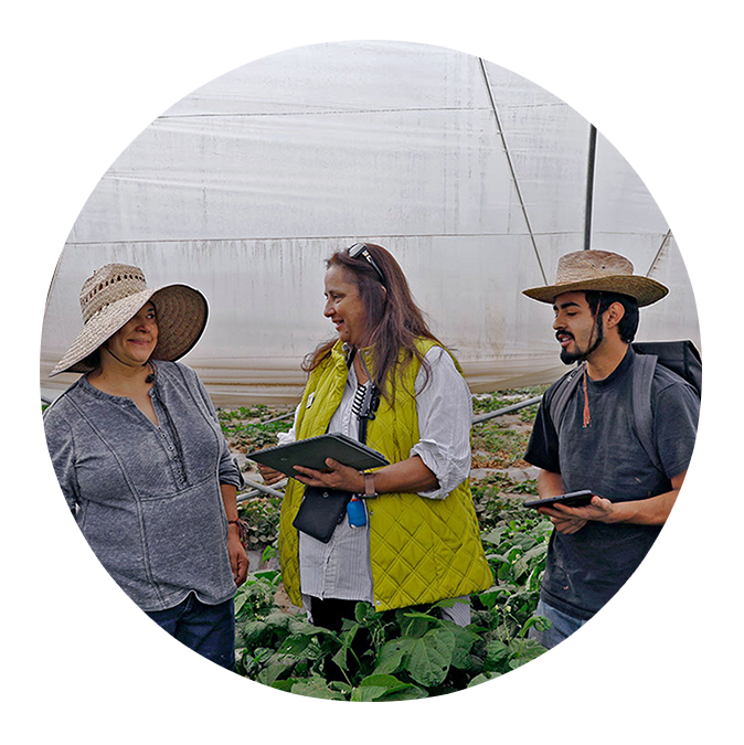 AG Tools CEO Martha Montoya in a field between two collaborators