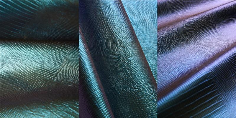 One Ecotune biomaterial— color-shifting between emerald, turquoise, violet.
